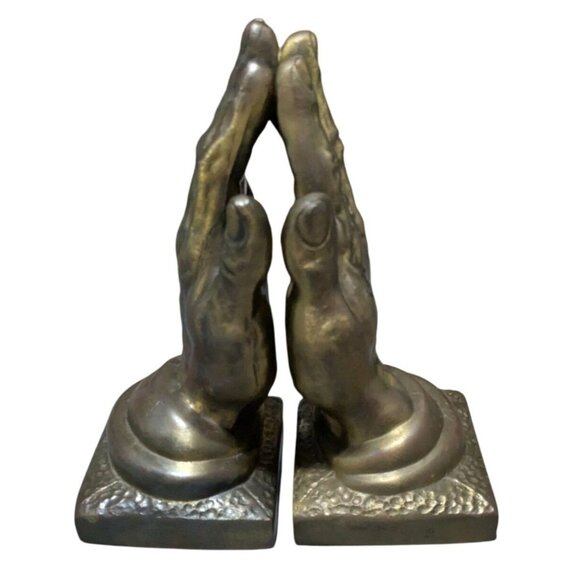Praying Hands Brass Bookends By Gossa 8" Tall Pair Vintage Home Office Decor - Picture 2 of 15
